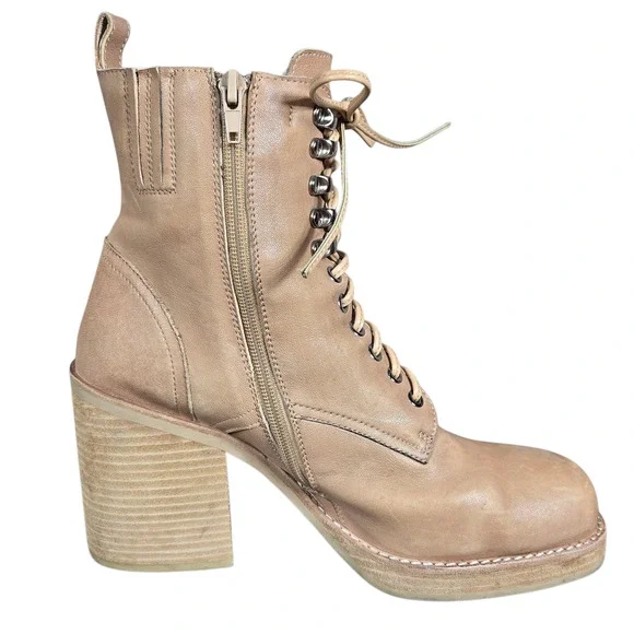 Jeffrey Campbell Dotti Boots Women 10 Beige Heeled Leather Lace Up Combat Anthro - Picture 2 of 11